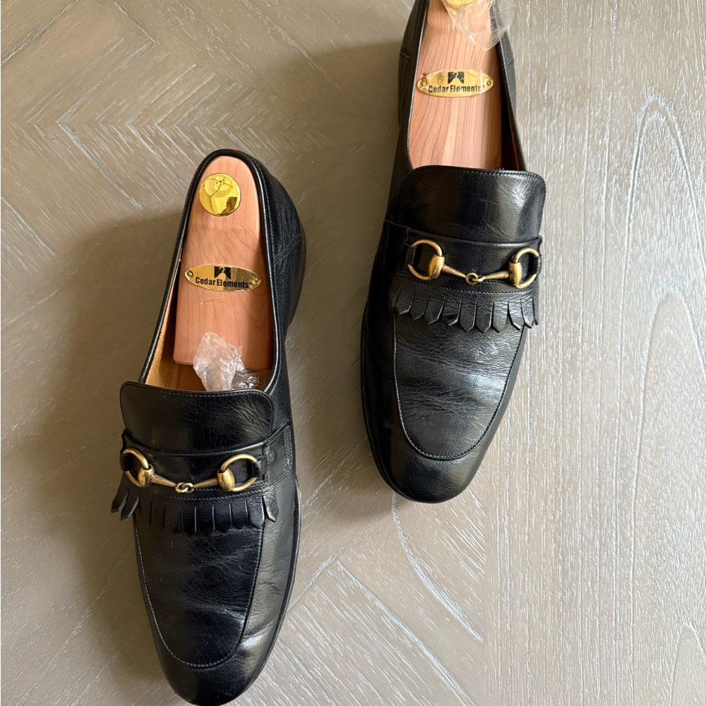 Gucci black Leather Loafers with Gold Accents